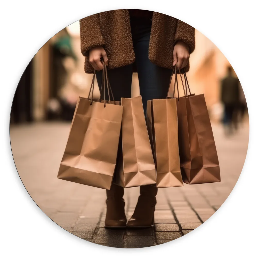 Dibond Muurcirkel - Vrouw met Shoptassen in Winkelstraat