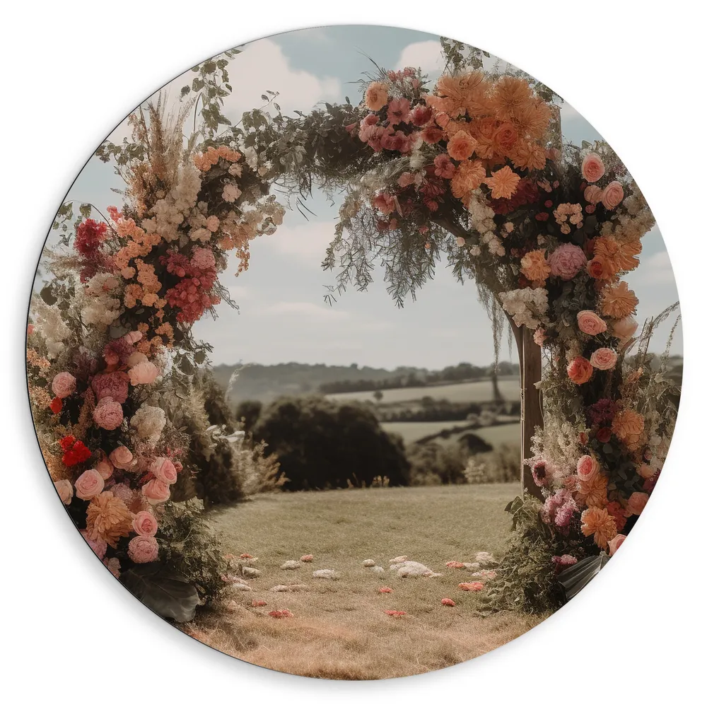 Dibond Muurcirkel - Romantische Bloemenboog in Landschap