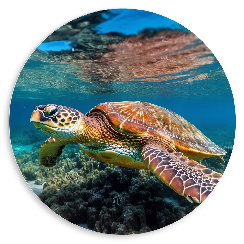 Dibond Muurcirkel - Schildpad zwemt door de zee heen met onderwater planten