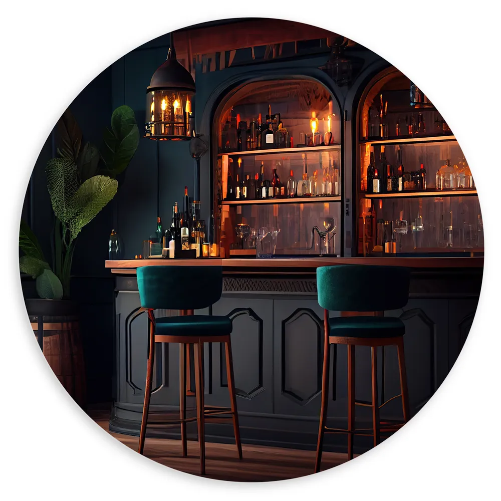 Dibond Muurcirkel - Bar - Chique - Planten - Alchol - Flessen - Glazen