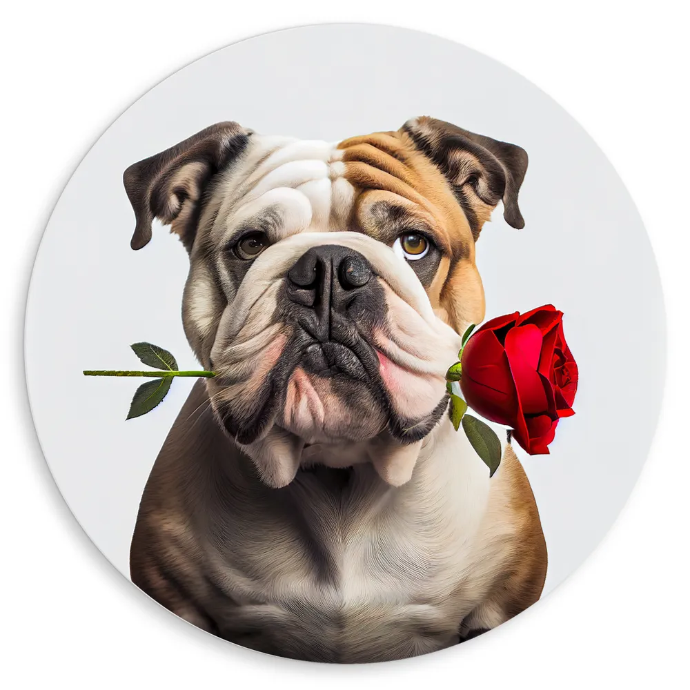 Dibond Muurcirkel - Romantische Franse Bulldog Hond met Roos tegen Witte Achtegrond