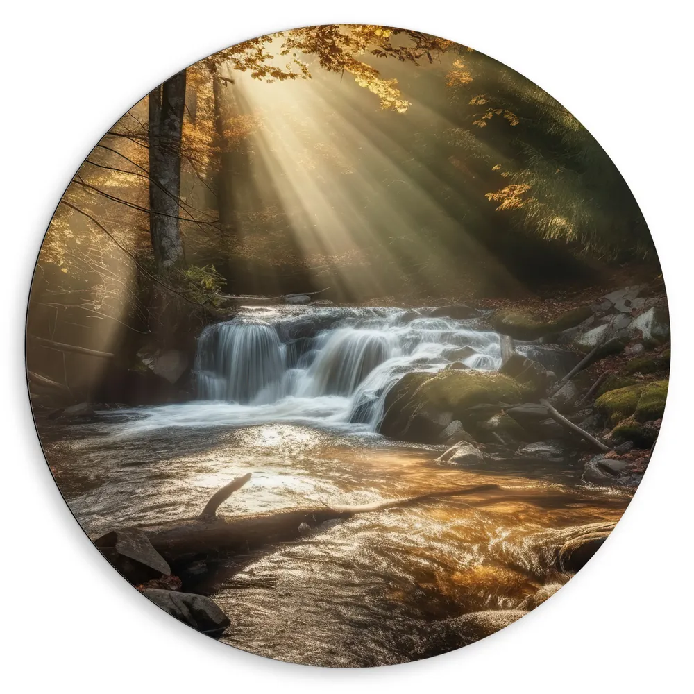 Dibond Muurcirkel - Bossen - Waterval - Water - Bomen - Stenen