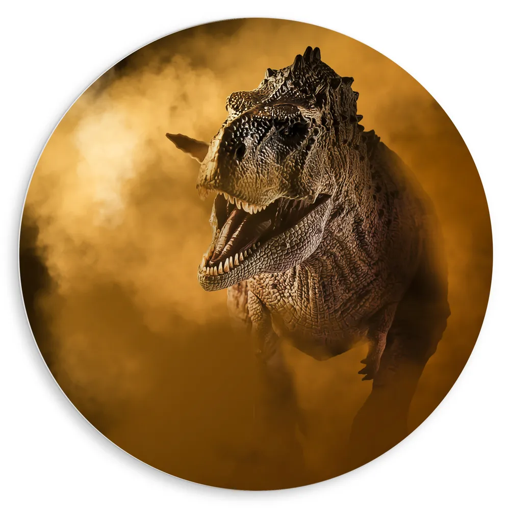 Dibond Muurcirkel - Angstaanjagend T-rex Dinosaurs vanuit Oranje Mist