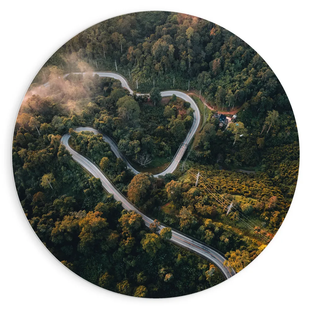 Dibond Muurcirkel - Bergen - Weg - Bomen - Bovenaanzicht