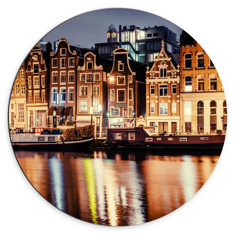 Dibond Muurcirkel - De Grachten van Amsterdam in de Avond in Nederland