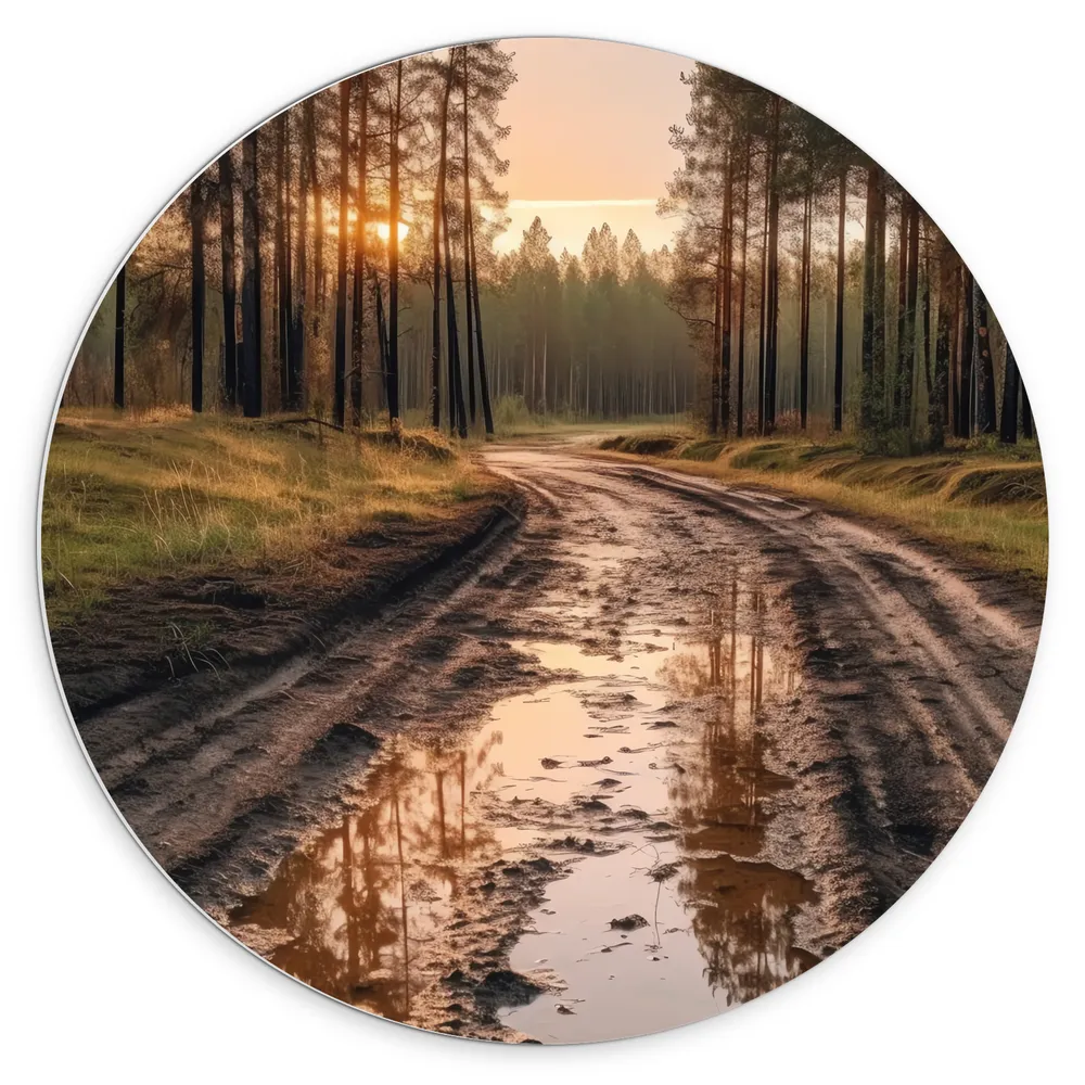 Dibond Muurcirkel - Bomen - Zon - Pad - Modder - Zand