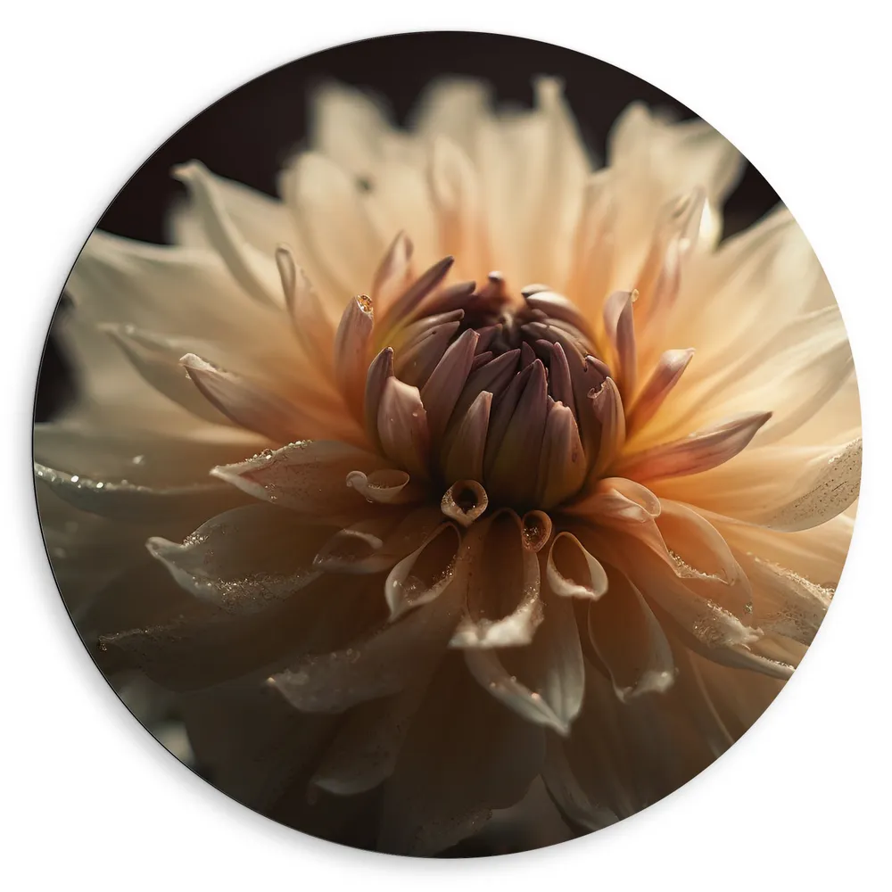 Dibond Muurcirkel - Witte Dahlia Bloem met Donkere Achtergrond
