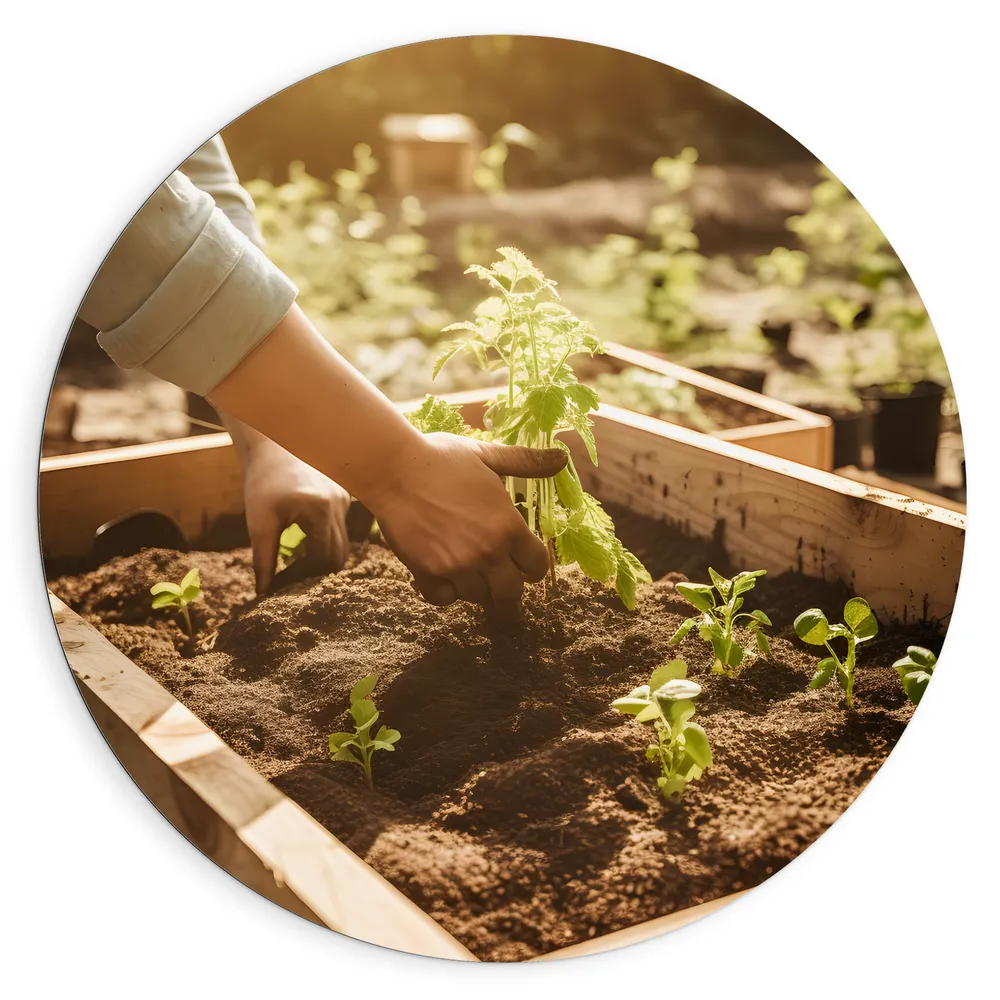 Dibond Muurcirkel - Tuin - Plantjes - Bakken - Zand - Zon