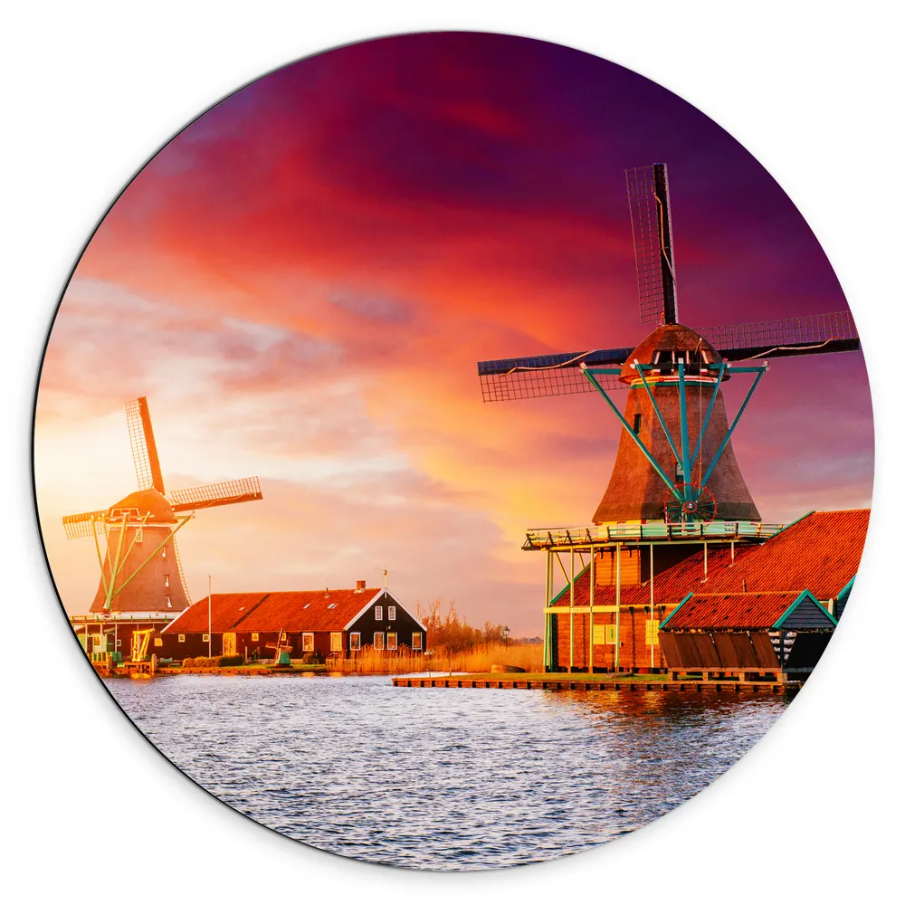 Dibond Muurcirkel - Nederlandse Windmolens aan het Water onder Paars met Oranje Lucht