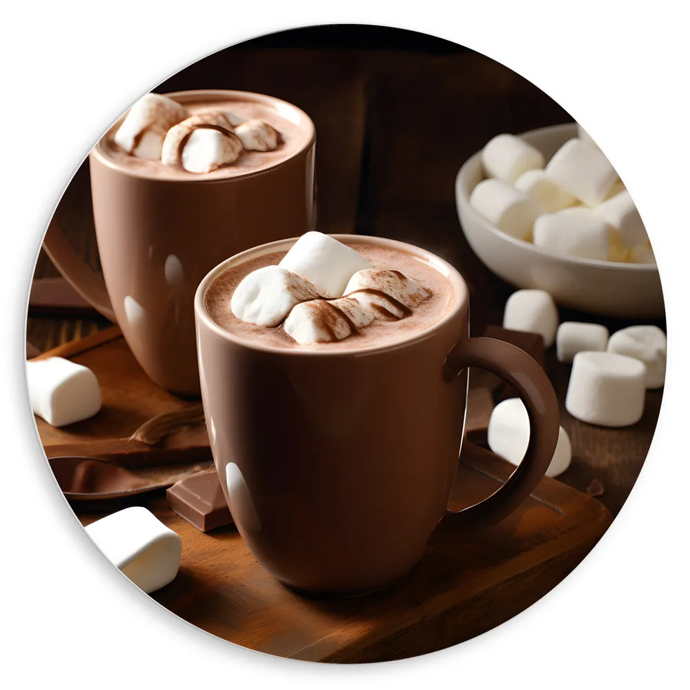 Dibond Muurcirkel - Chocomel - Mokken - Marshmallows - lepel - Chocolade