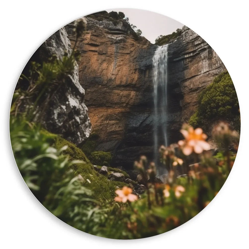 Dibond Muurcirkel - Bergen - Waterval - Bloemen - Planten