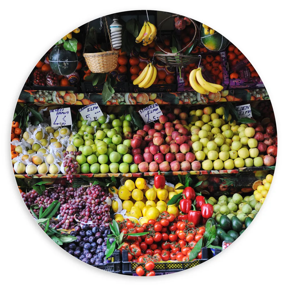 Dibond Muurcirkel - Kraam Vol met Verse Groentes en Fruit
