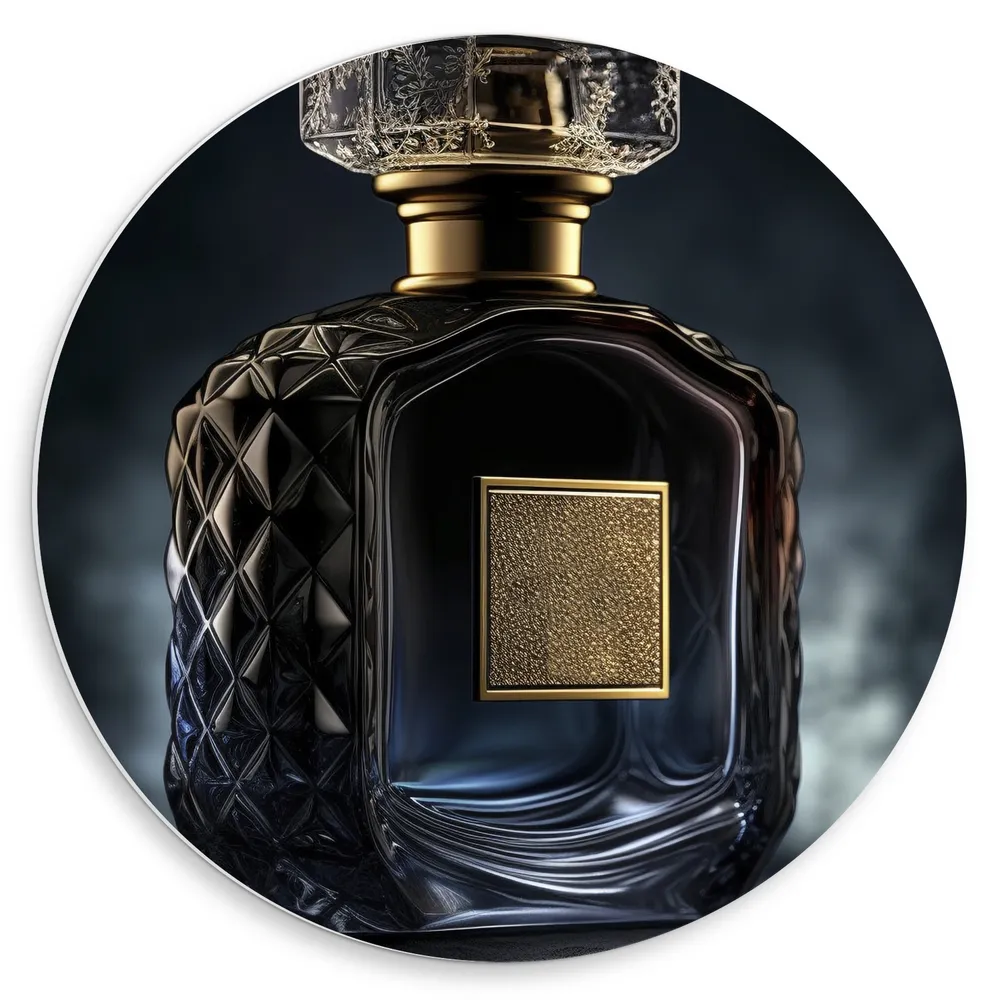 Dibond Muurcirkel - Parfum - Flesje - Goud - Kleuren
