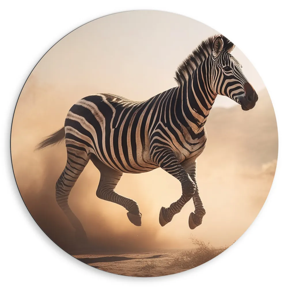 Dibond Muurcirkel - Rennende Zebra over het Landschap van Afrika