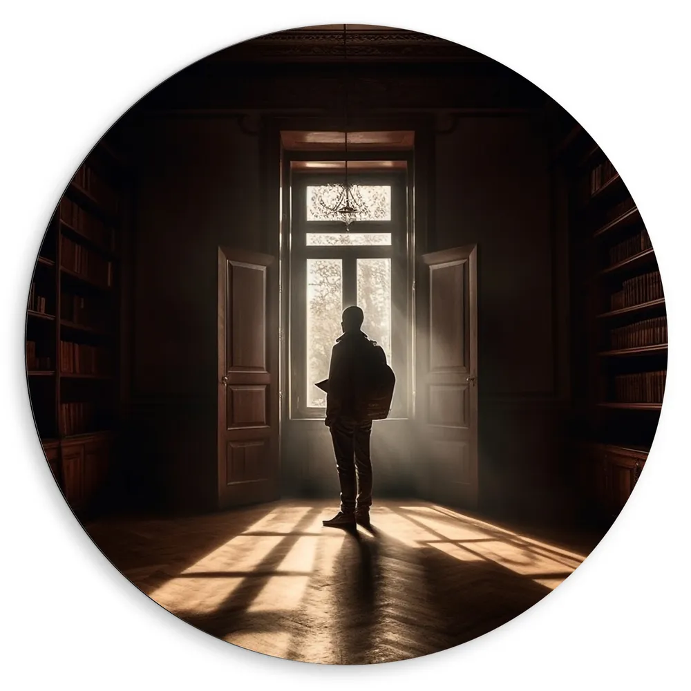 Dibond Muurcirkel - Bibliotheek - Man - Boeken - Leeg