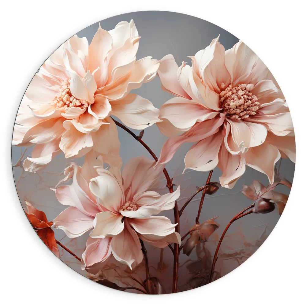 Dibond Muurcirkel - Schilderij - Bloemen - Bladeren - Roze - Wit