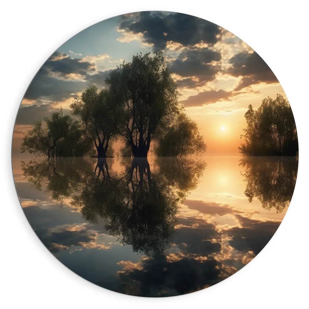 Dibond Muurcirkel - Bomen - Water - Werkaatsing - Zonsondergang - Wolken