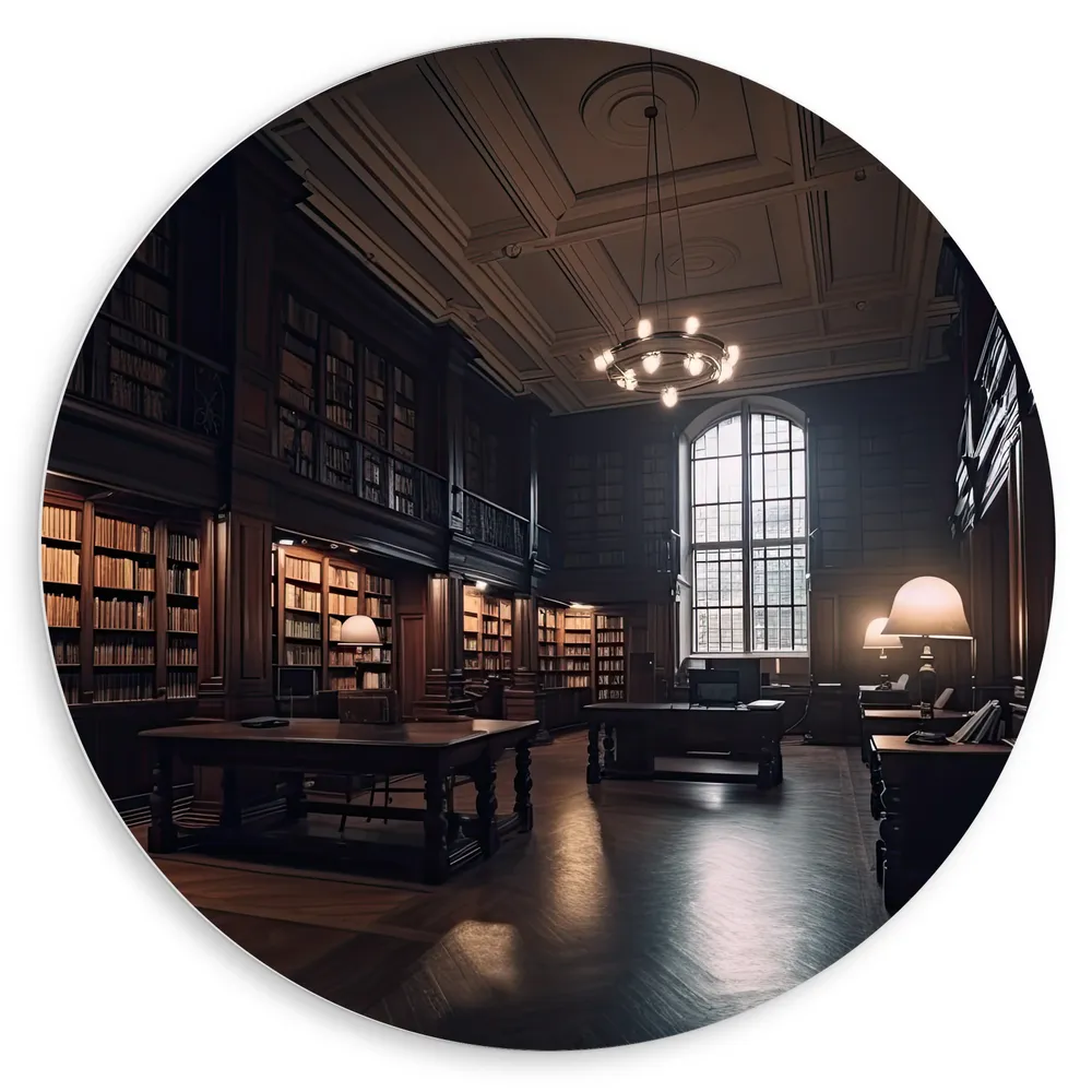 Dibond Muurcirkel - Bibliotheek - Boeken - Stilte - Tafels