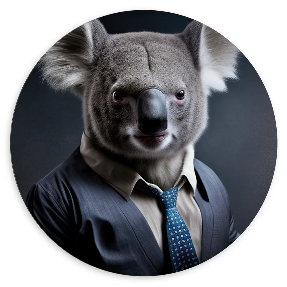 Dibond Muurcirkel - Pluizige Koalabeer in Zakelijk Pak met Gestipte Stropdas