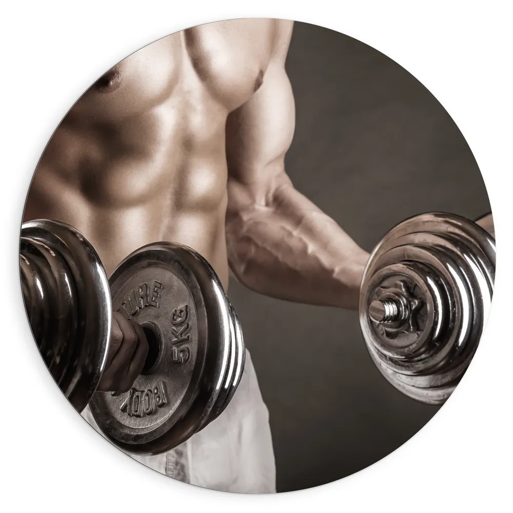 Dibond Muurcirkel - Gespierd Mannenlichaam met Dumbells in Hand