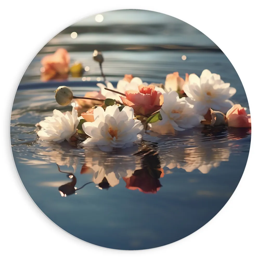 Dibond Muurcirkel - Camellia Bloemen en Knoppen op het Water