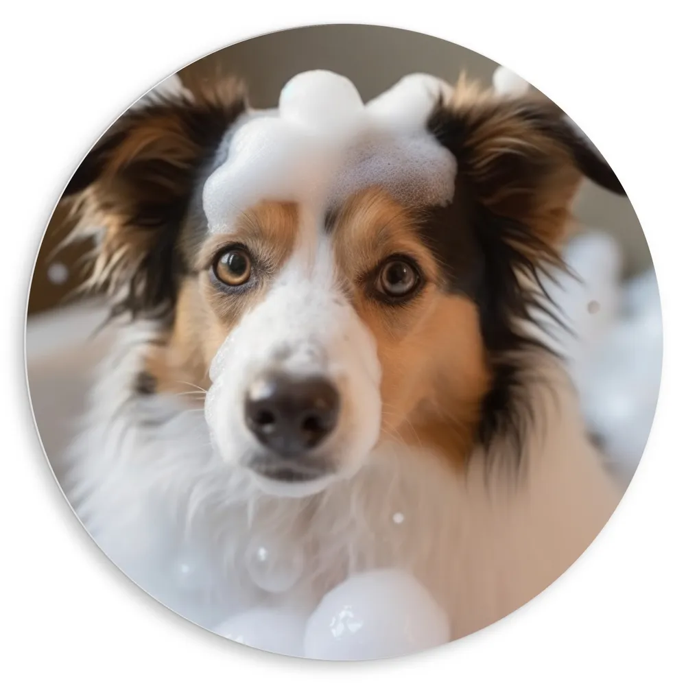 Dibond Muurcirkel - Border collie hond in bad met zeepbubbels