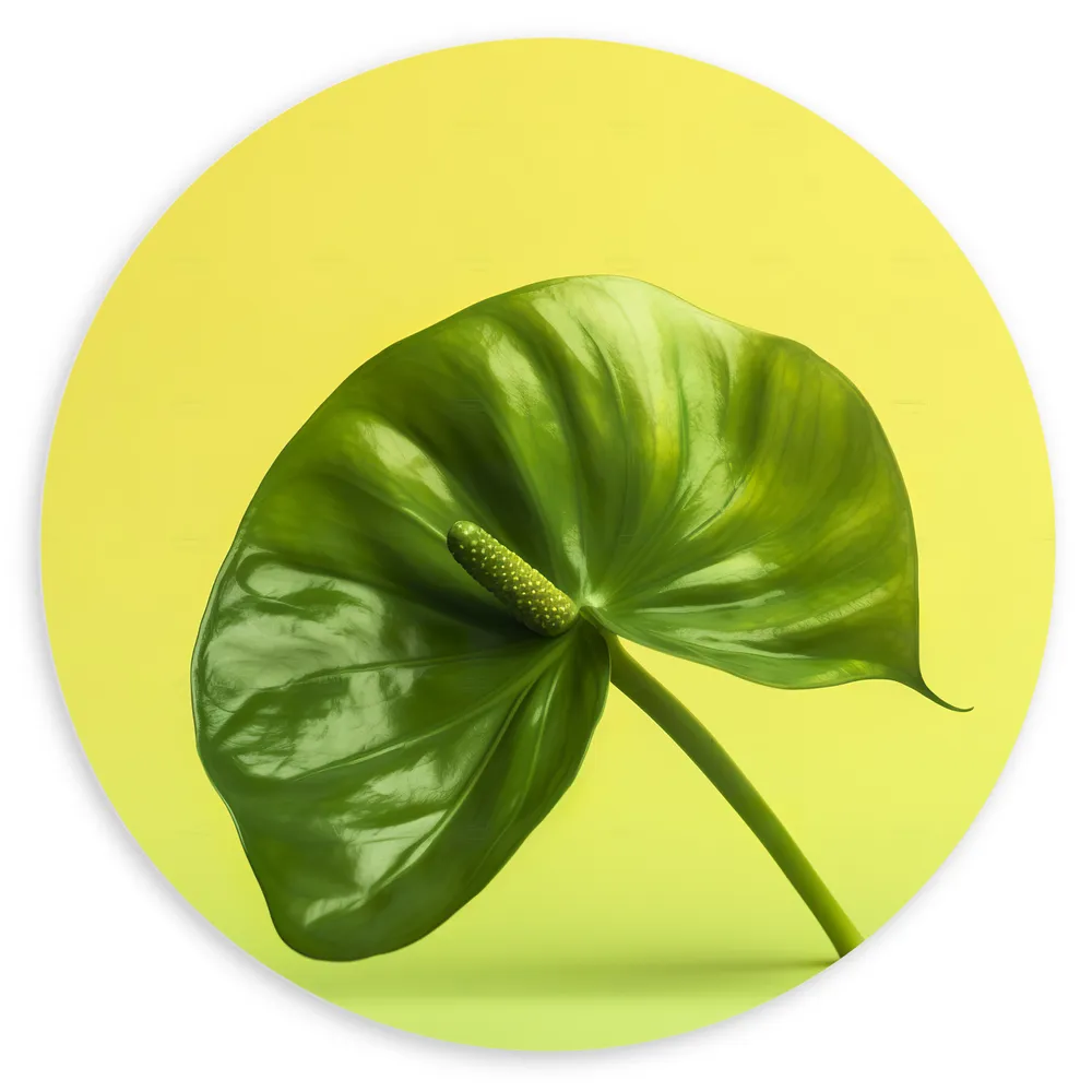 Dibond Muurcirkel - Donkergroene Anthurium Plant tegen Lichtgroene Achtergrond