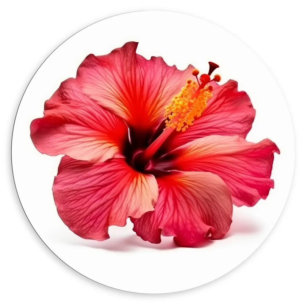 Dibond Muurcirkel - Bloeiende Rode Hibiscus Bloem tegen Witte Achtergrond