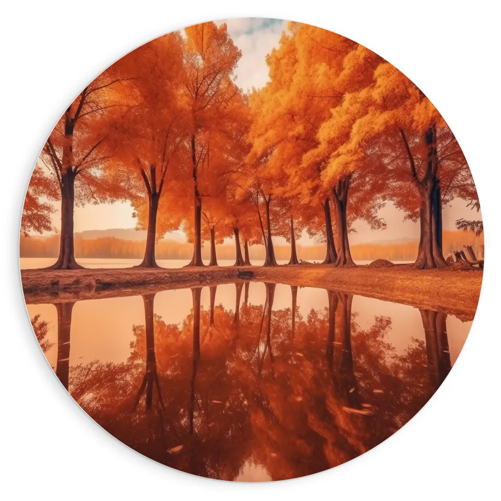 Dibond Muurcirkel - Feloranje Bomen met Weerspiegeling aan het Water