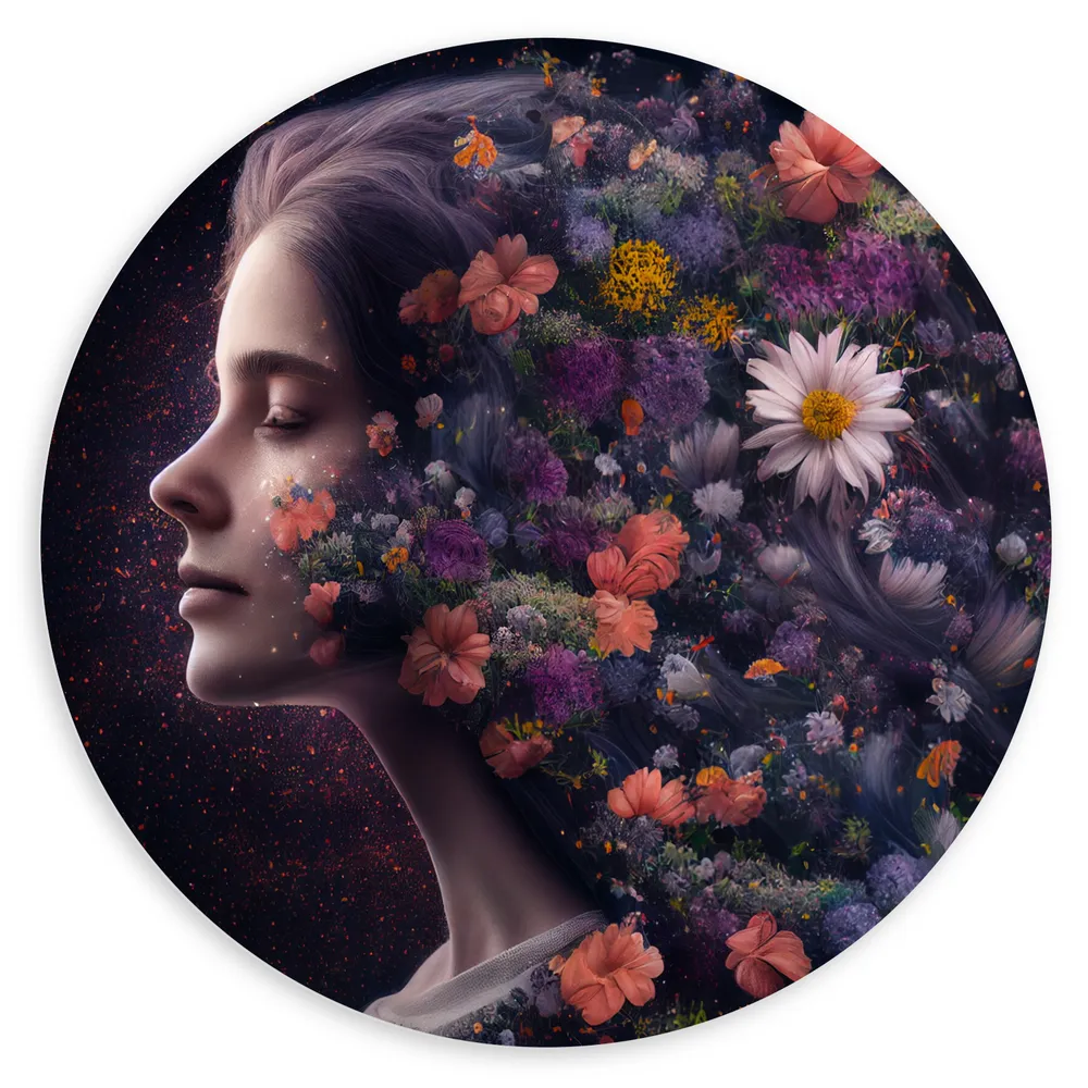 Dibond Muurcirkel - Zijaanzicht van Vrouw met Kapsel van Bloemen tegen Zwarte Achtergrond