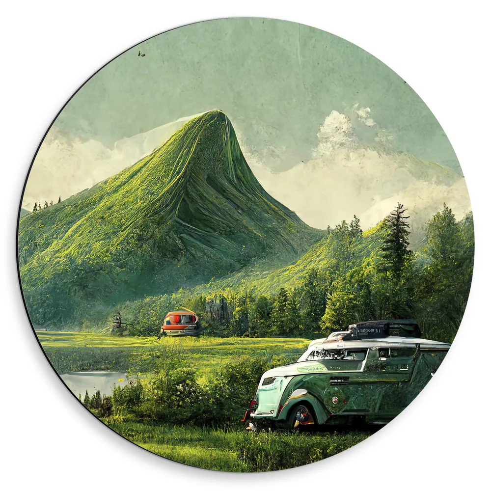 Dibond Muurcirkel - Bus in Groen Landschap