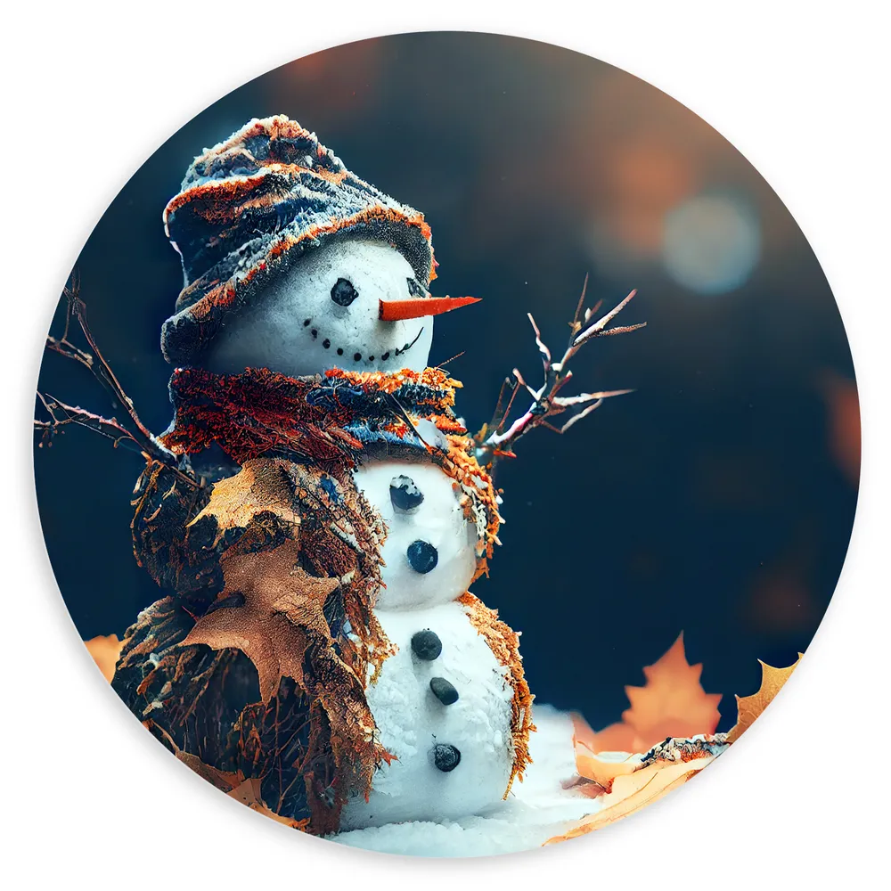 Dibond Muurcirkel - Sneeuwpop met Takken Armen tussen de Herfstbladeren