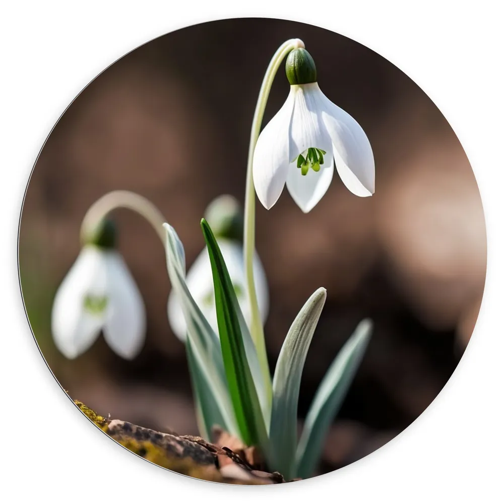 Dibond Muurcirkel - Witte Hangende Sneeuwvlokje Bloemen met Wazige Herstbladeren als Achtergrond