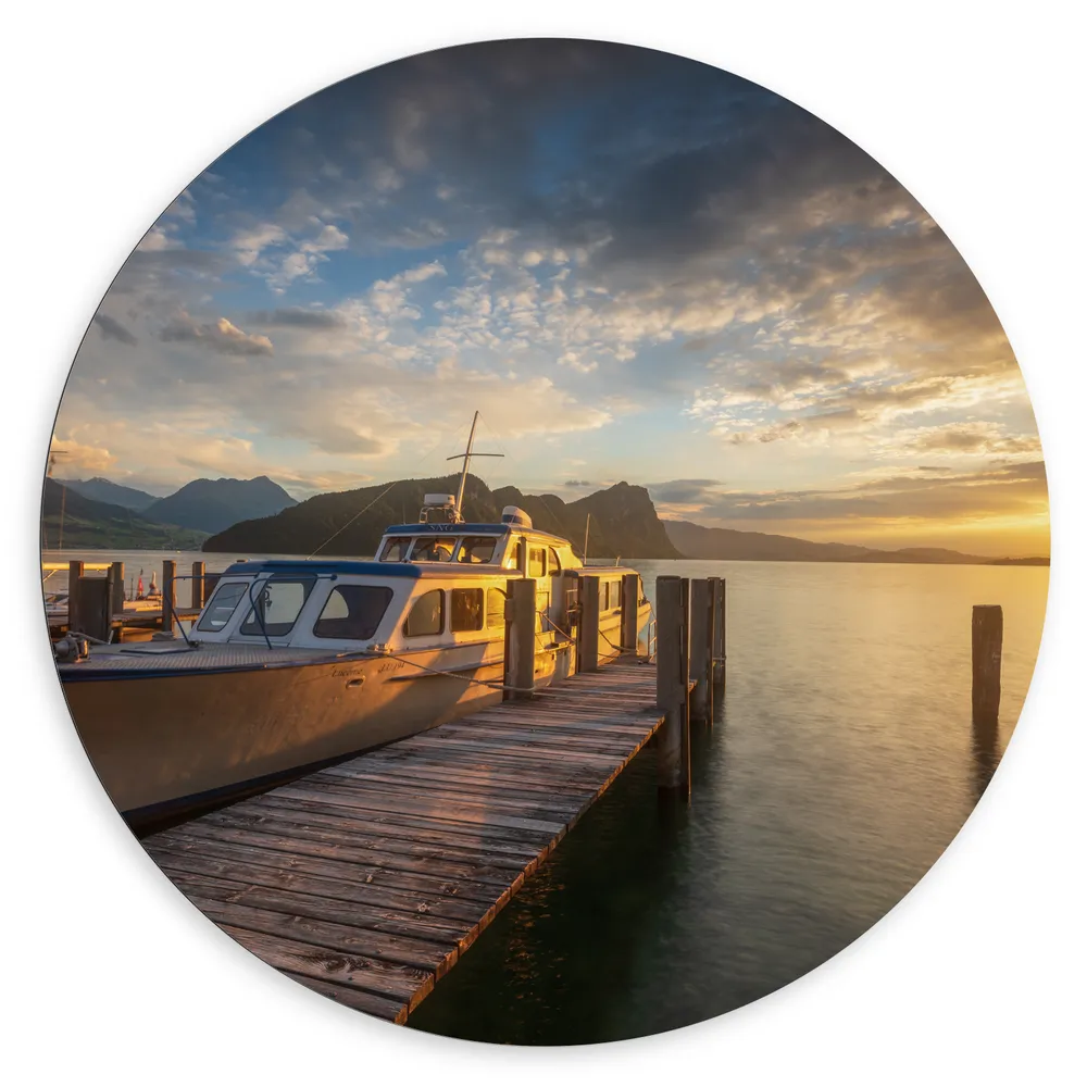 Dibond Muurcirkel - Meer - Boot - Water - Zonsondergang - Bergen