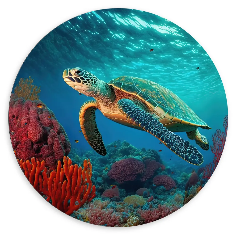 Dibond Muurcirkel - Schilderij van Zeeschildpad Zwemmend tussen het Koraal op de Zeebodem