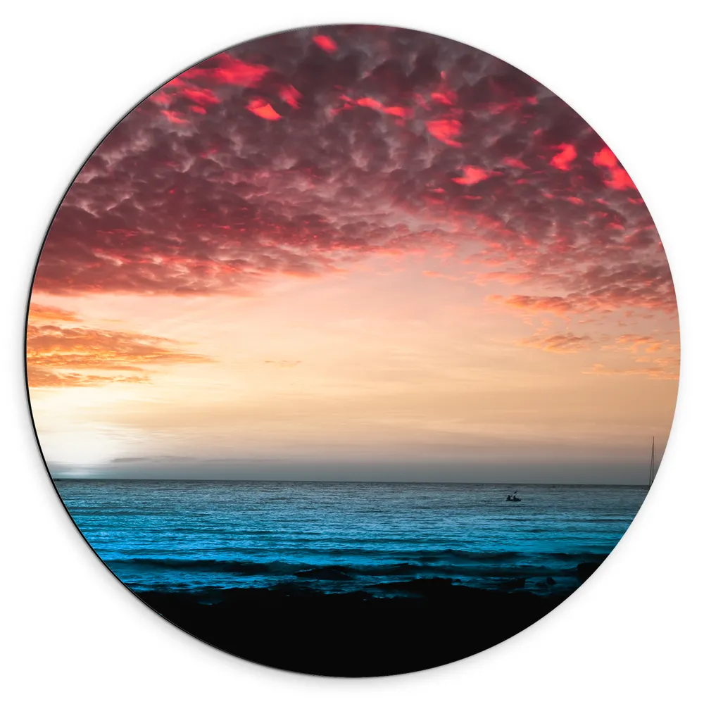 Dibond Muurcirkel - Silhouet van Berg aan de Zee onder Roze Lucht
