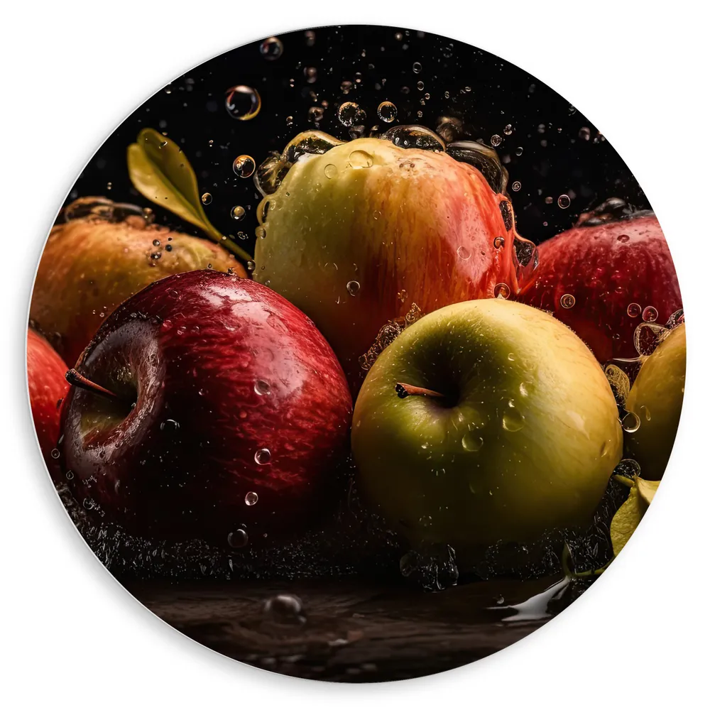 Dibond Muurcirkel - Plens Water op Appels tegen Zwarte Achtergrond