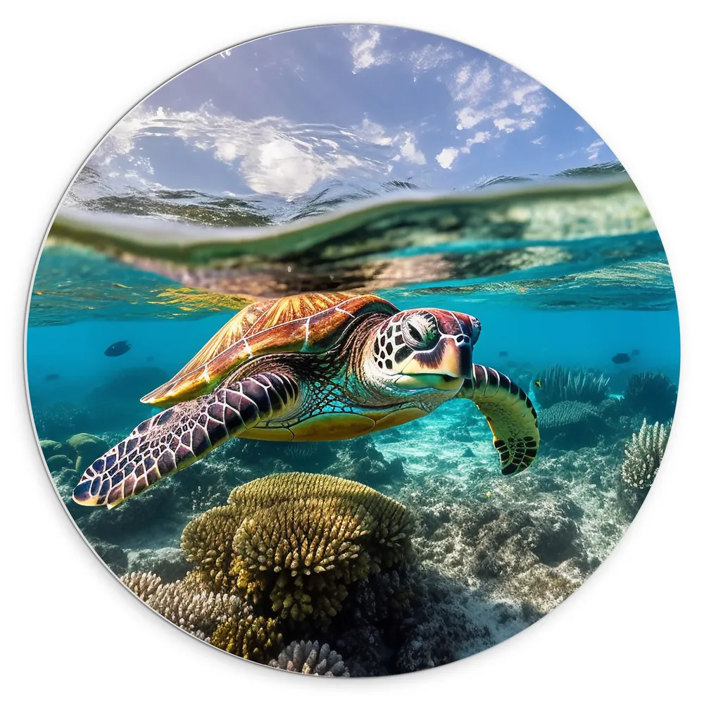 Dibond Muurcirkel - Bruine schildpad zwemt door de zee met koraal