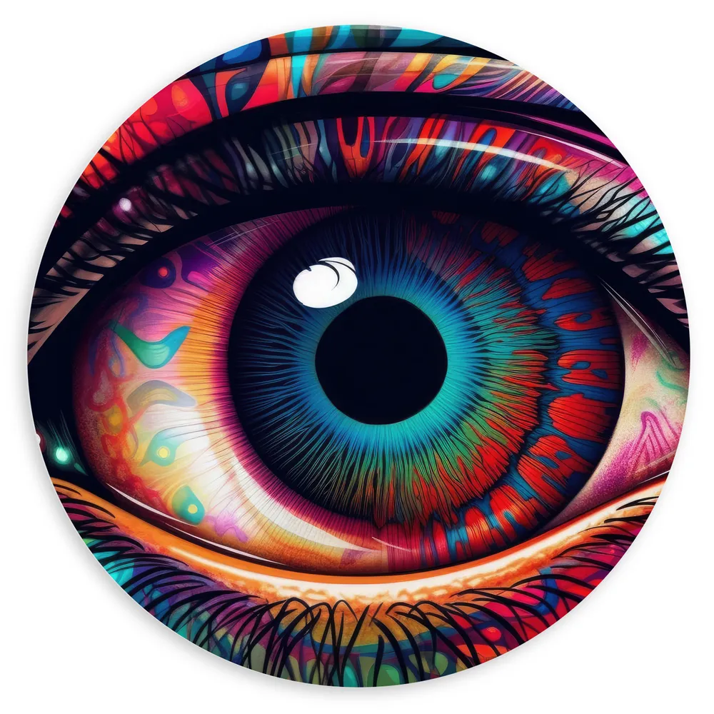 Dibond Muurcirkel - Schilderij van Kleurrijk Oog met Helderblauwe Pupil
