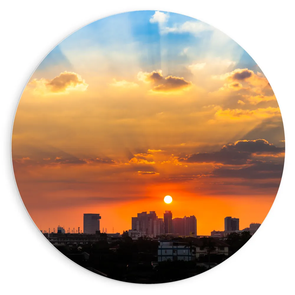Dibond Muurcirkel - Prachtige Zonsopkomst over de Gebouwen in de Stad