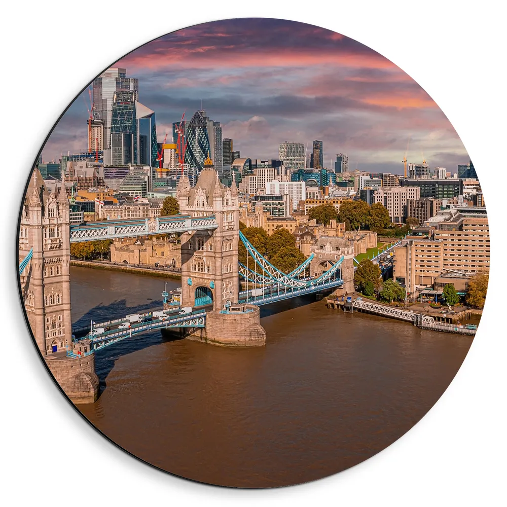Dibond Muurcirkel - Uitzicht op Tower Bridge bij Ondergaande Zon, Londen