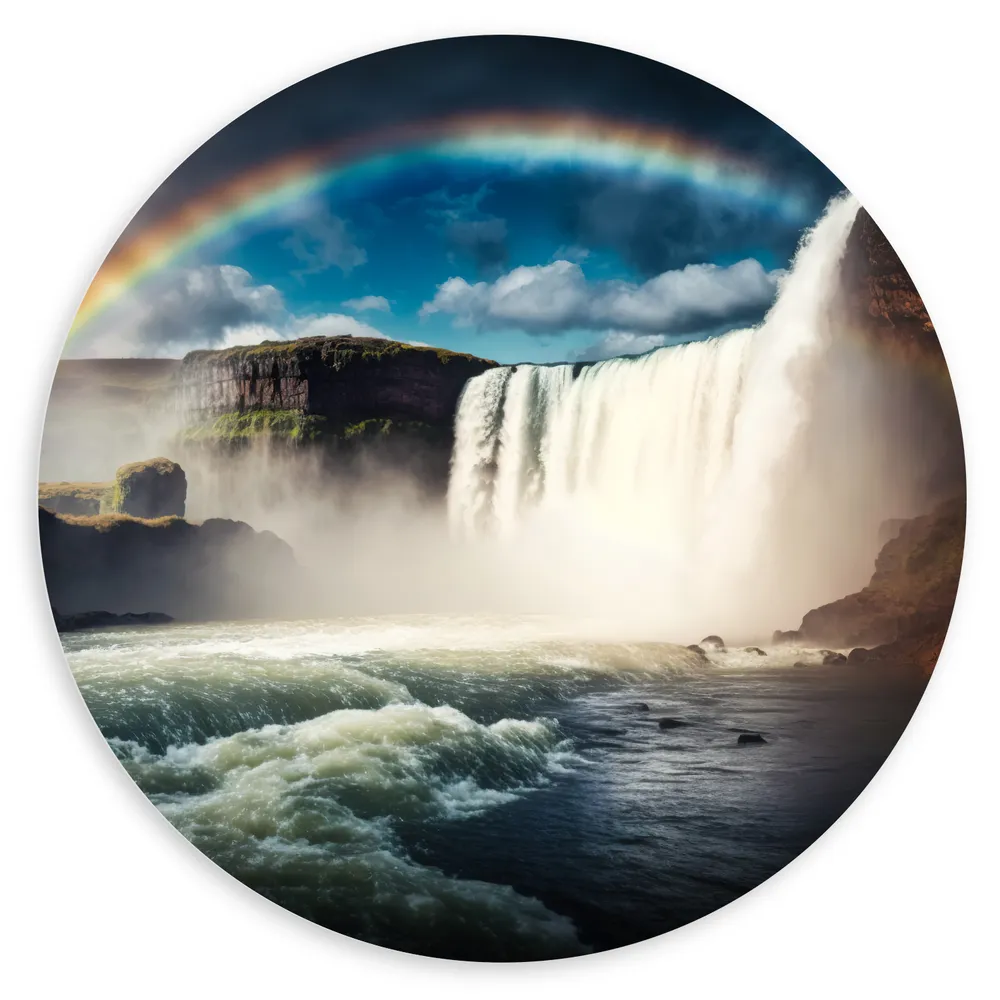 Dibond Muurcirkel - Grote Heldere Regenboog boven Meer bij Watervallen