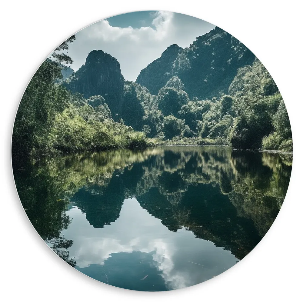 Dibond Muurcirkel - Weerspiegeling van Bos in Rivier