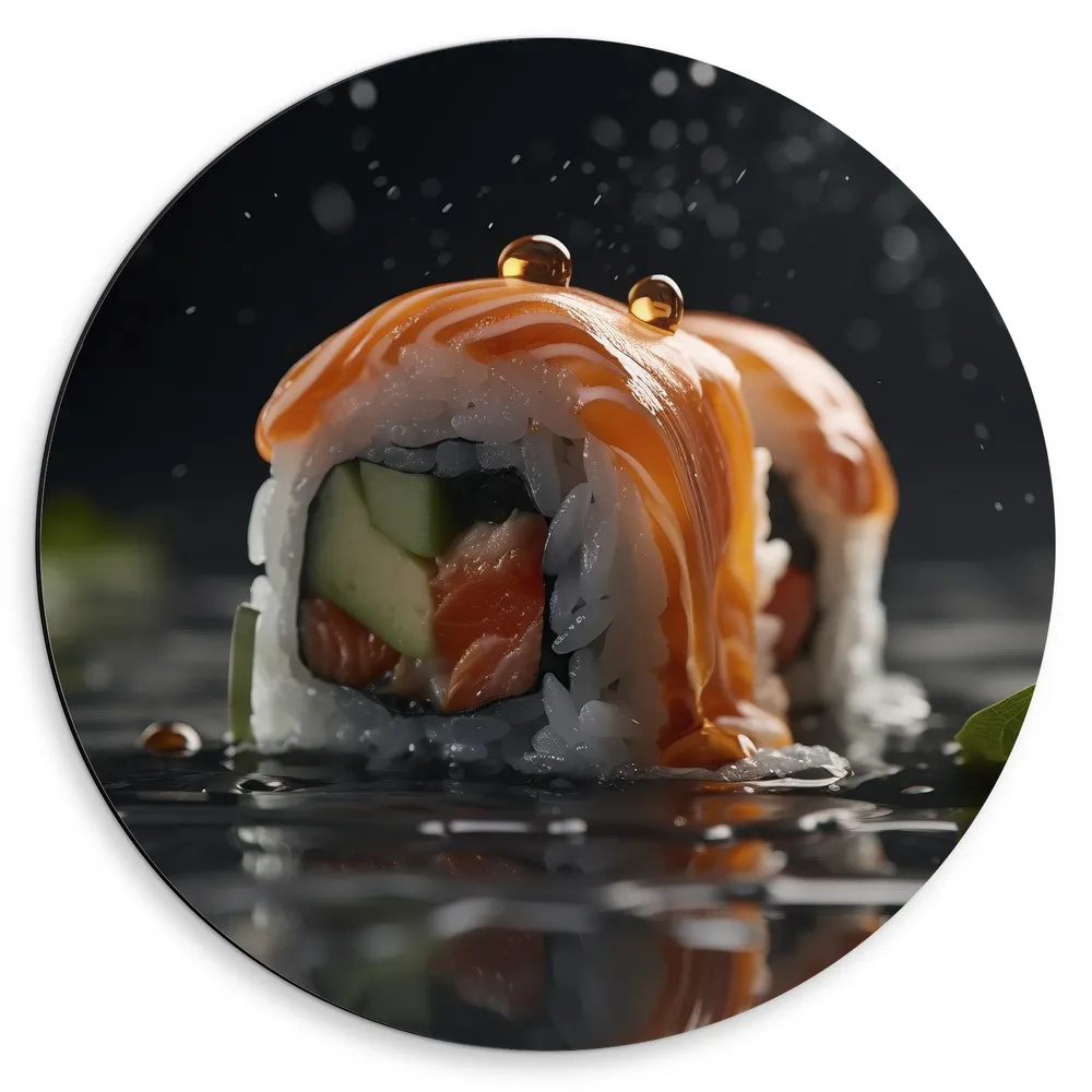 Dibond Muurcirkel - Verse Sushirol met Zalm