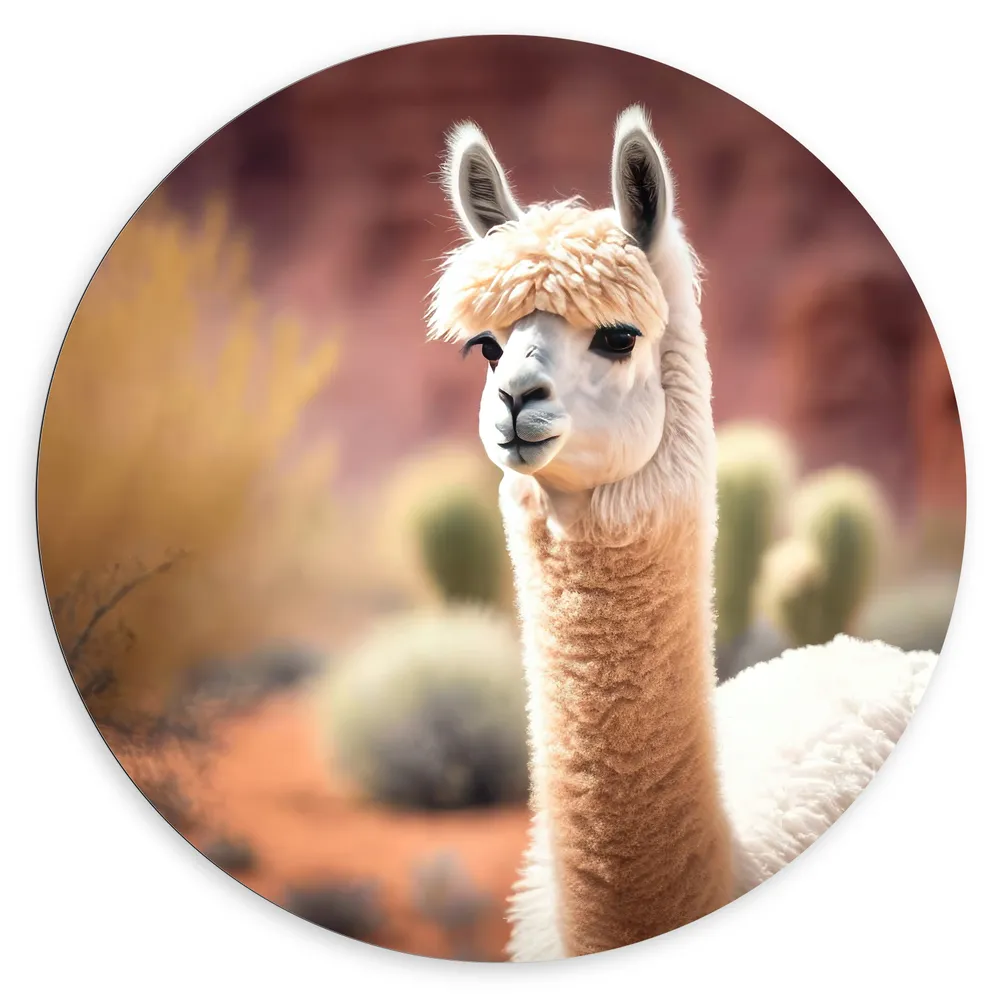 Dibond Muurcirkel - Dier - Lama - Wit - Planten - Cactus