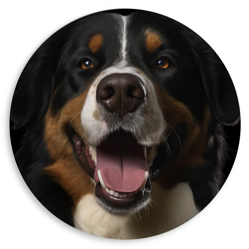 Dibond Muurcirkel - Portretfoto van Berner Sennen Hond met Open Mond