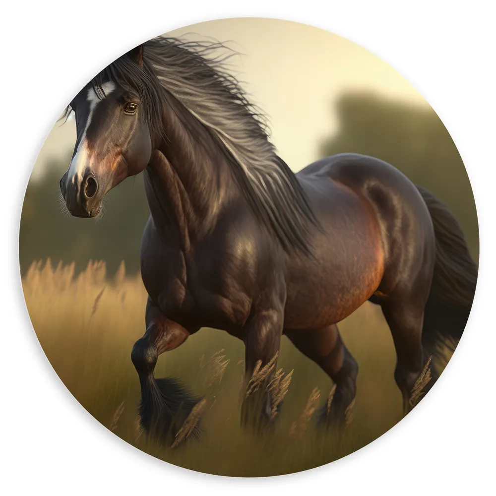 Dibond Muurcirkel - Schilderij van Rennend Bruin Paard met Dansende Manen