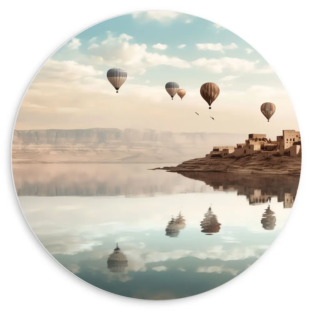 Dibond Muurcirkel - Water - Bergen - Luchtballonnen - Huisjes