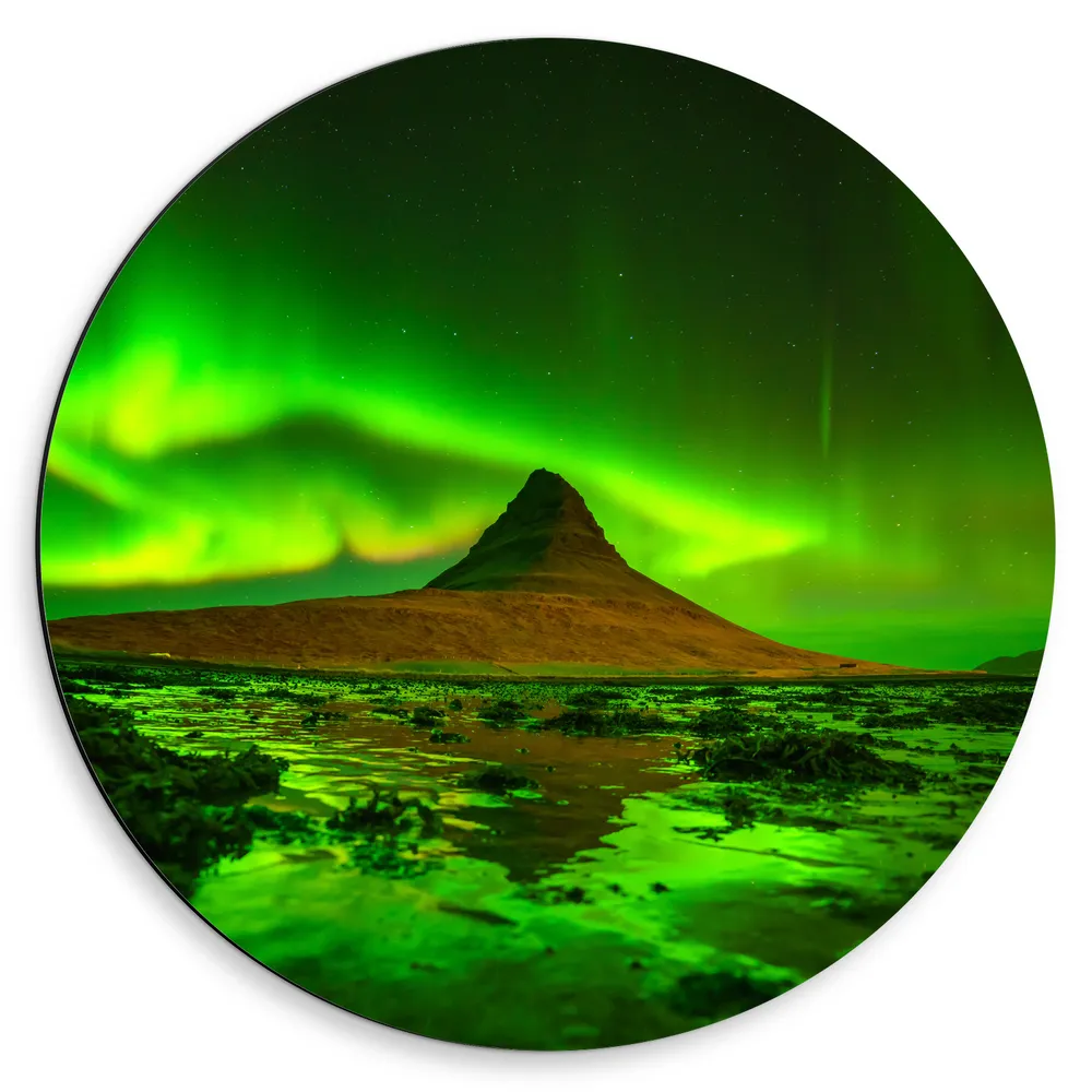 Dibond Muurcirkel - Groen Noorderlicht Boven Kirkjufell Berg