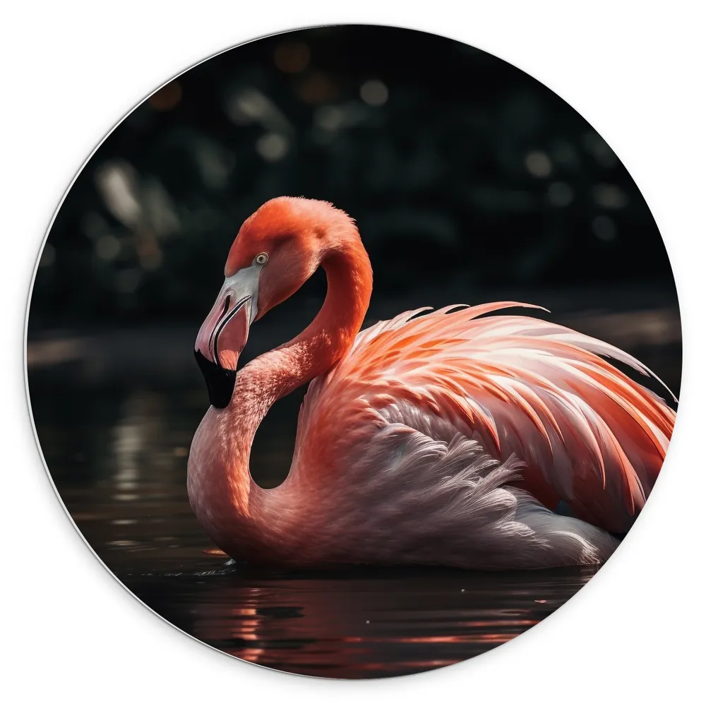 Dibond Muurcirkel - Flamingo drijft over het water heen